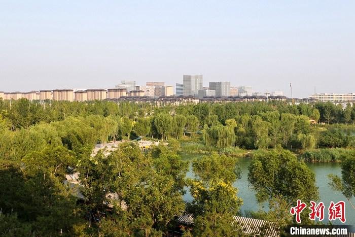從完成頂層設(shè)計(jì)到如火如荼大規(guī)模建設(shè)，六年來(lái)，雄安新區(qū)如春天的竹子一般拔節(jié)生長(zhǎng)，這座承載千年大計(jì)的“未來(lái)之城”已雄姿初顯。從“一張白紙”開始著墨，如今的雄安新區(qū)已是濃墨重彩的“山水畫”。<a target='_blank' href='/'>中新社</a>記者近日走訪了雄安新區(qū)多地，從“藍(lán)綠金”三色感受這座“未來(lái)之城”的巨大變化。圖為7月18日拍攝的河北雄安新區(qū)金湖公園。 <a target='_blank' href='/'>中新社</a>記者 易海菲 攝